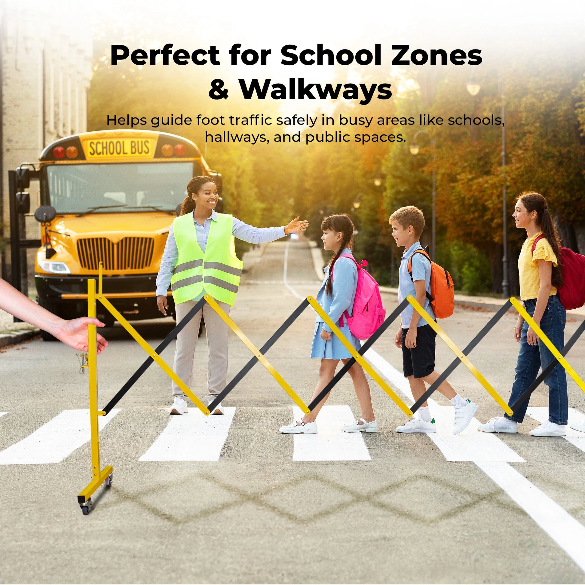Crossing guard with students and a school bus, emphasizing safety in school zones and walkways.