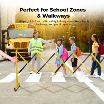 Crossing guard with students and a school bus, emphasizing safety in school zones and walkways.