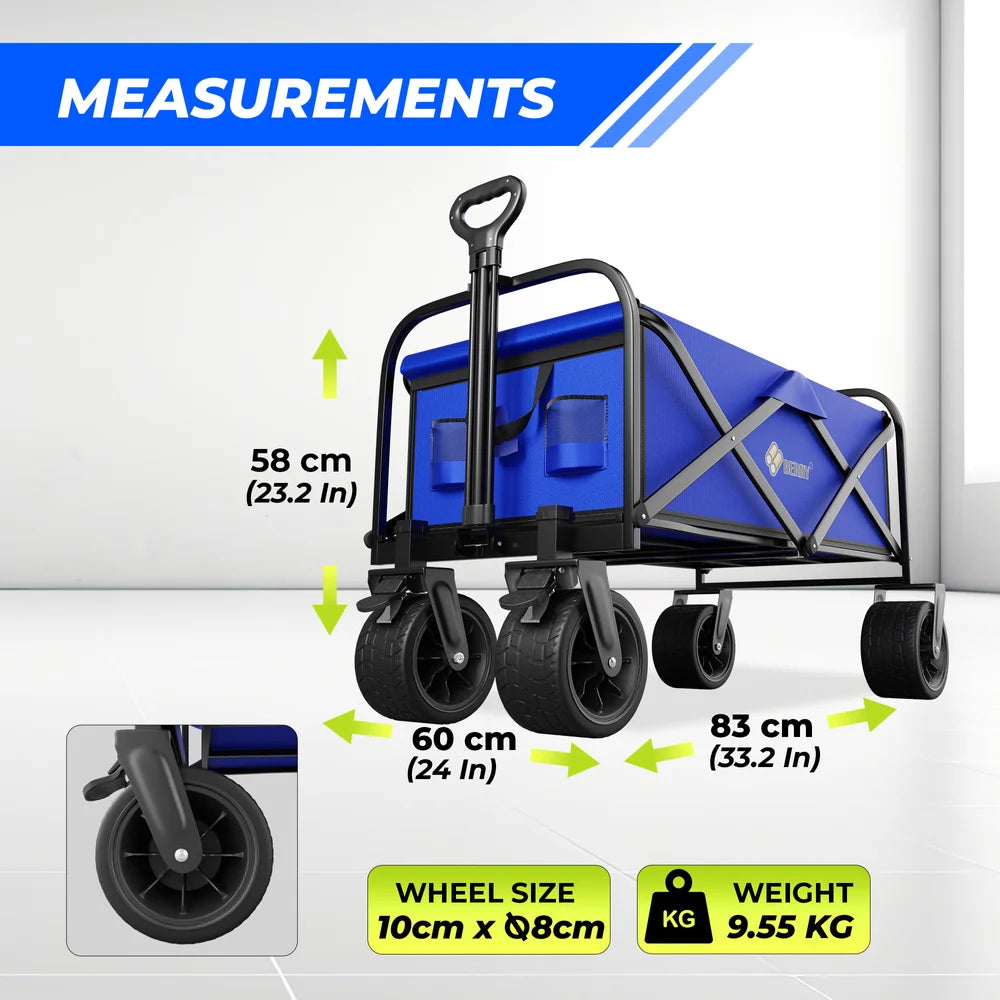blue rolling camping cart for outdoor gear transport