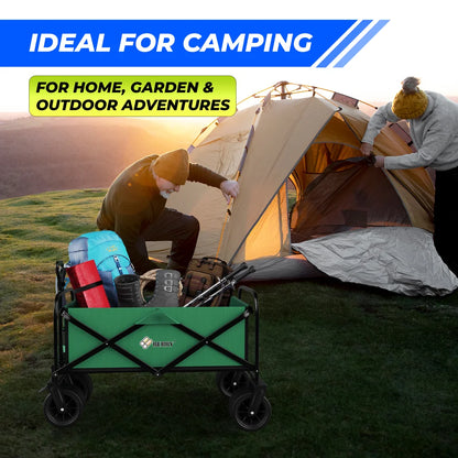 green rolling camping cart for outdoor gear transport