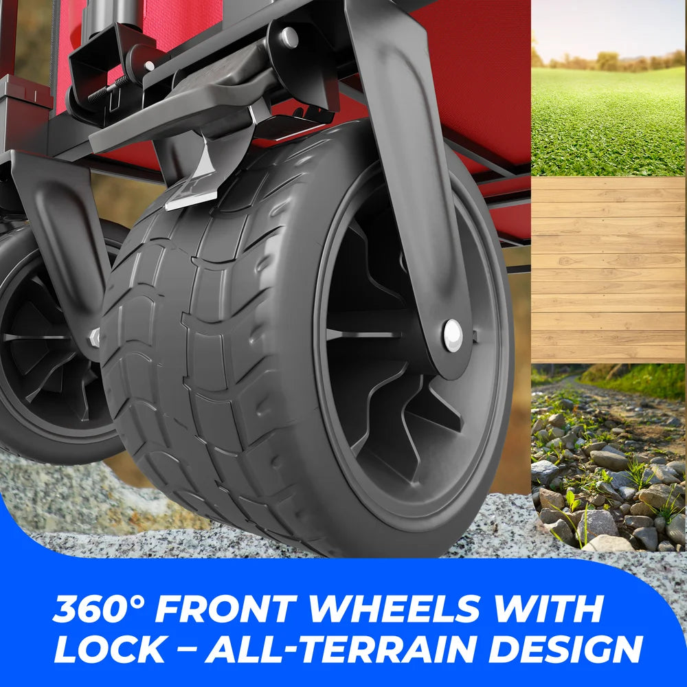 red rolling camping cart for outdoor gear transport