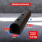 Black wall fender product with measurements and weight displayed on a gray surface