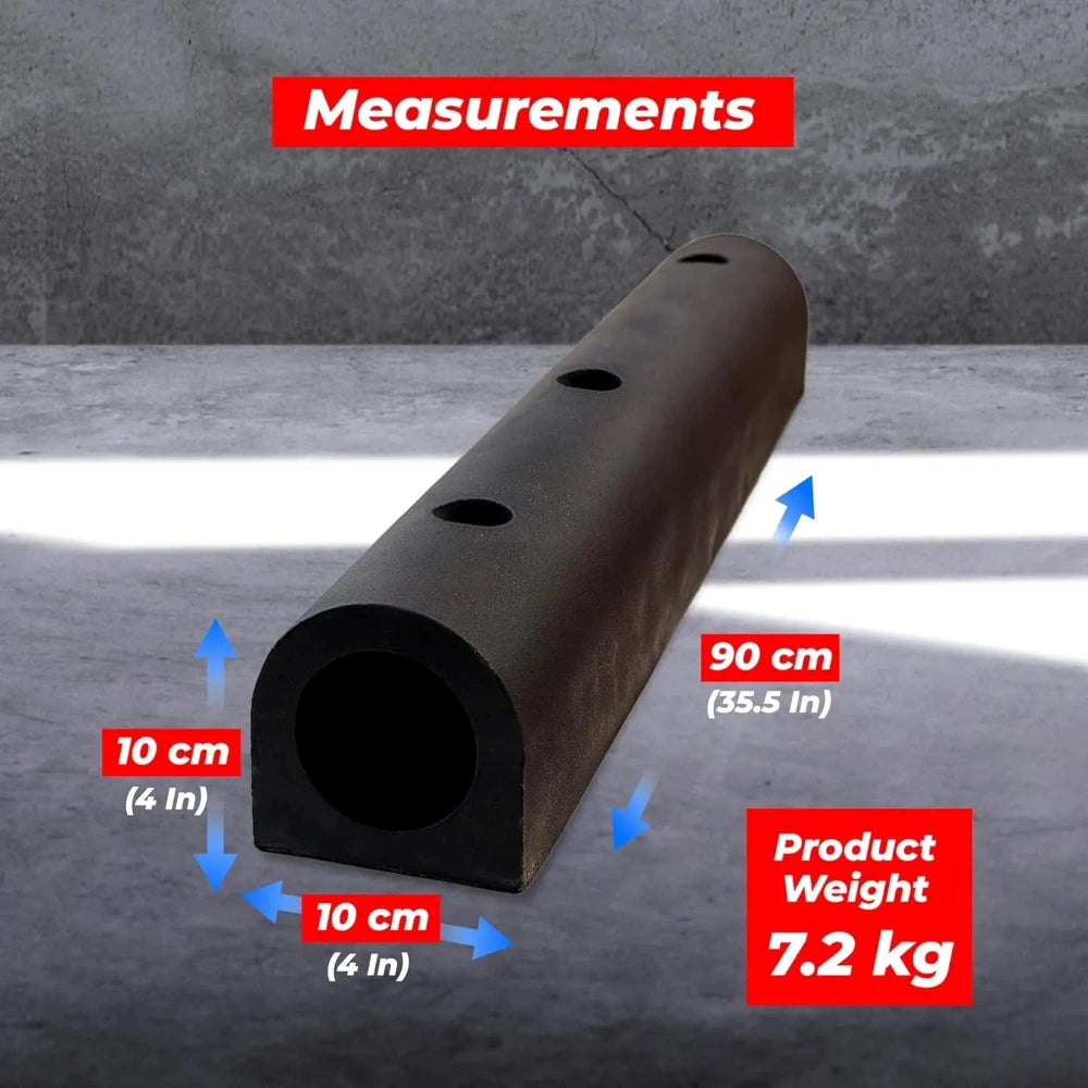 Black wall fender product with measurements and weight displayed on a gray surface