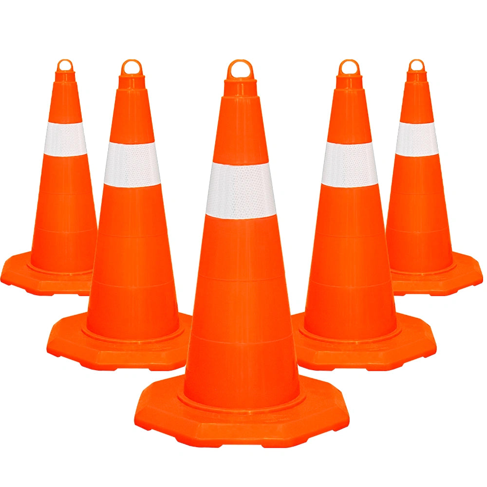 Five orange traffic cones with white stripes