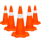 Five orange traffic cones with white stripes 
