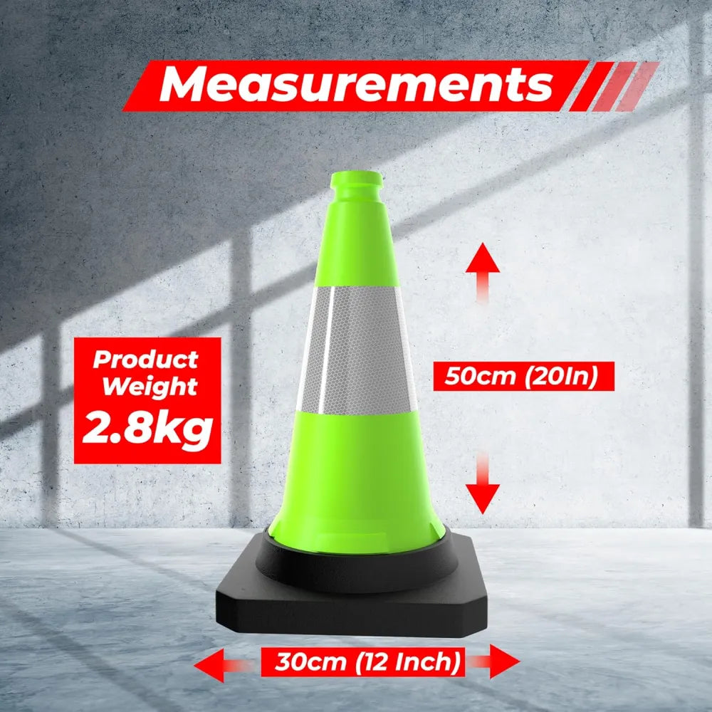 Green traffic cone with measurements and product weight.