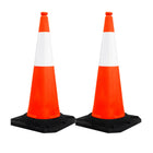 Two orange traffic cones with reflective white stripes