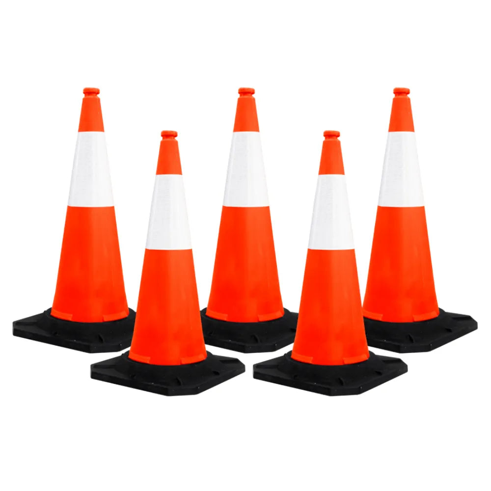 Six orange traffic cones with reflective stripes