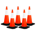 Six orange traffic cones with reflective stripes