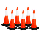 Six orange traffic cones with black bases