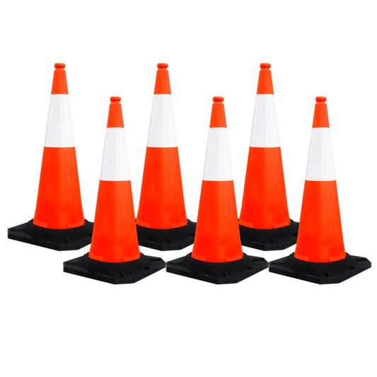 Six orange traffic cones with black bases