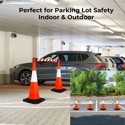 Orange traffic cones with reflective stripes used for parking lot safety