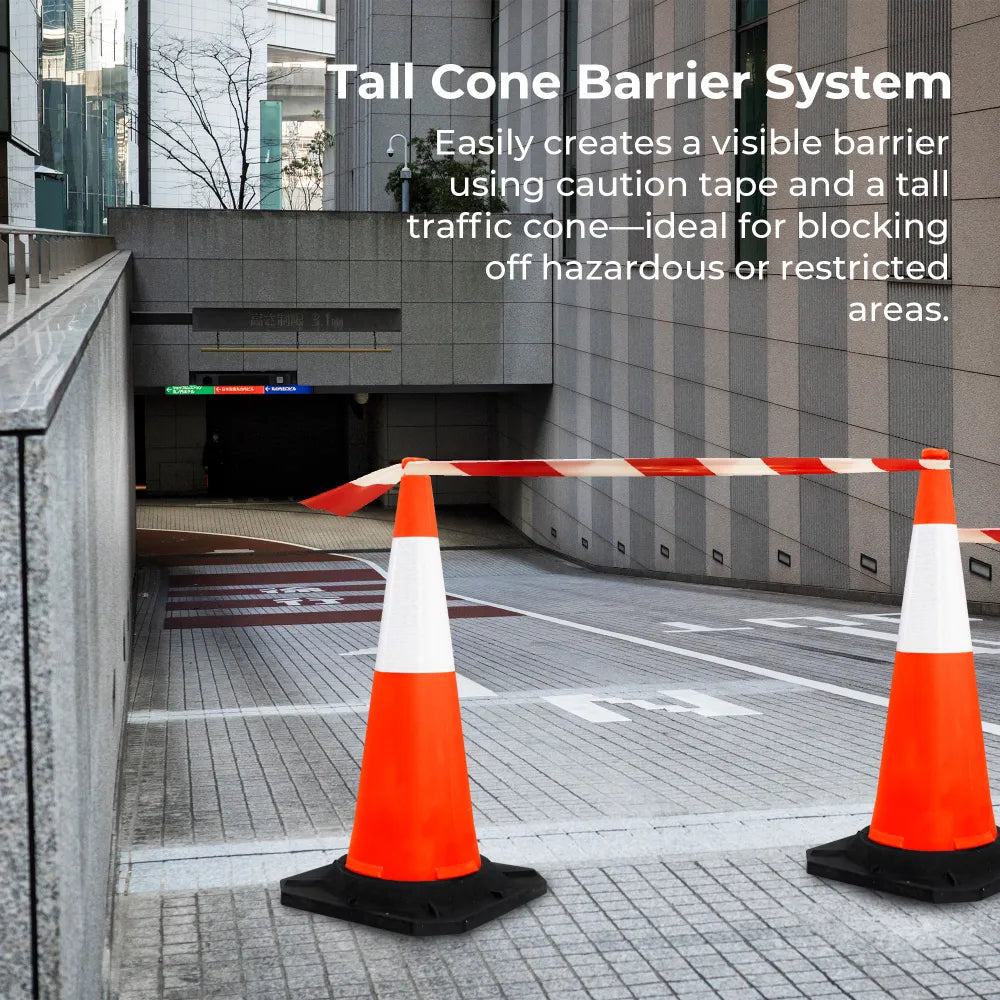 Tall traffic cones with caution tape