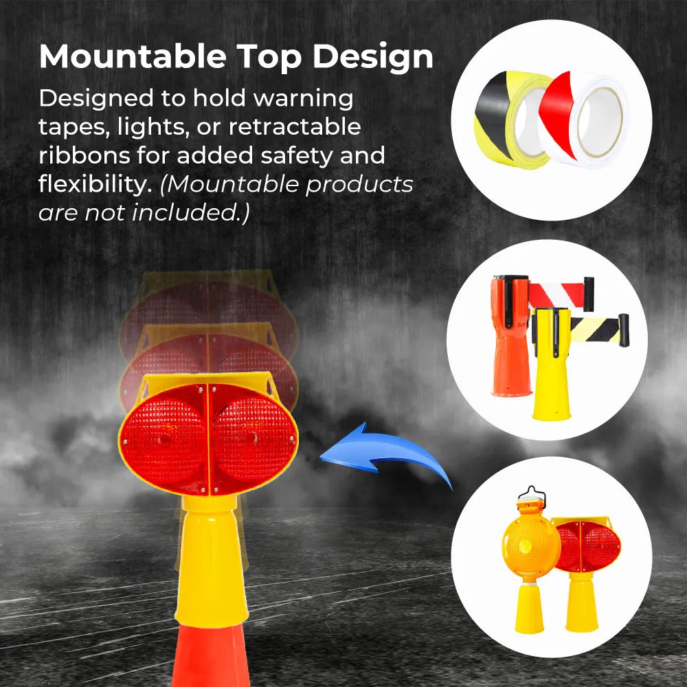 Safety cone with mountable top design for warning tapes, lights, or ribbons.