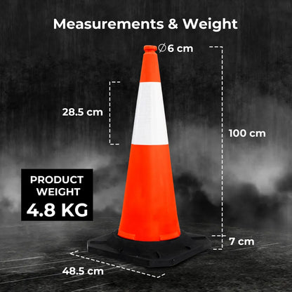 Orange traffic cone with measurements and weight details