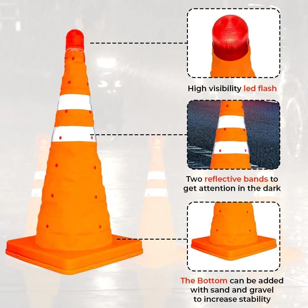 Orange traffic cone with safety features highlighted on a gray background