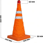Orange traffic cone with dimensions 