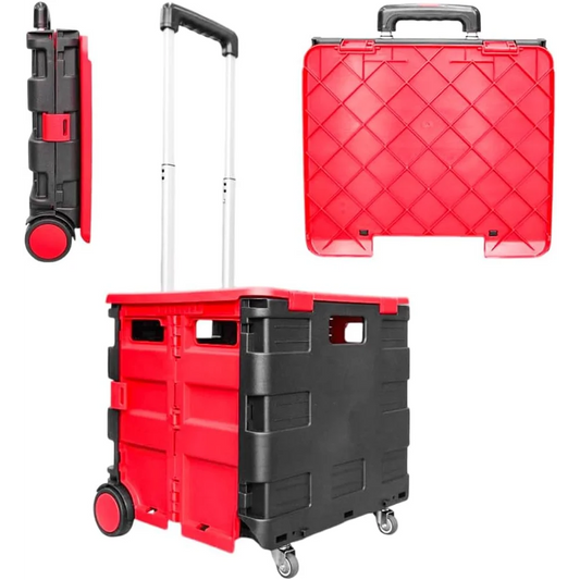 foldable shopping trolley cart in red and black with utility design