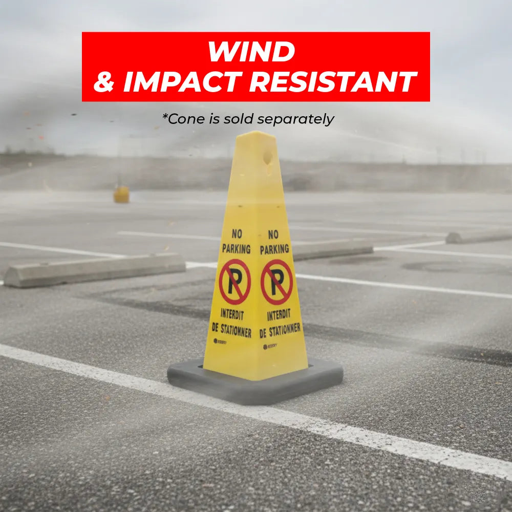 Yellow warning cone with 'No Parking' signs on a road, labeled as wind and impact resistant.