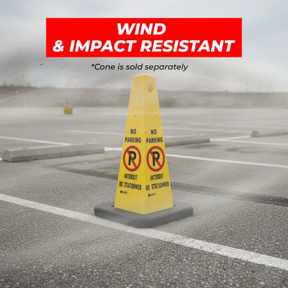 Yellow warning cone with 'No Parking' signs on a road, labeled as wind and impact resistant.