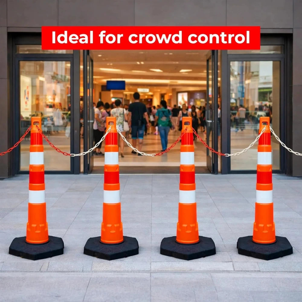 Four orange traffic delineator with black bases in front of a building entrance, labeled 'Ideal for crowd control'.