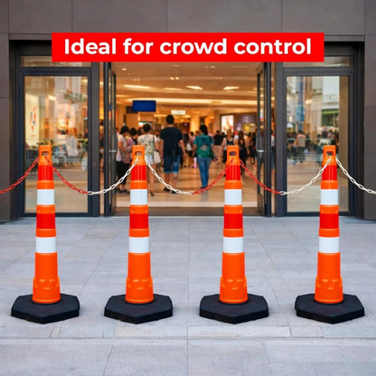 Four orange traffic delineator with black bases in front of a building entrance, labeled 'Ideal for crowd control'.