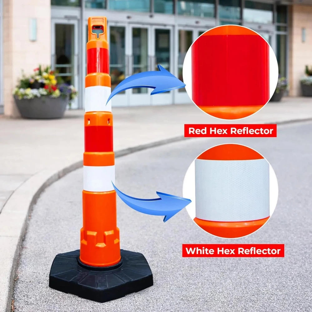 Orange traffic post with red and white hexagonal reflectors 