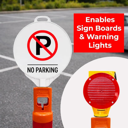 No parking sign and warning light on a road