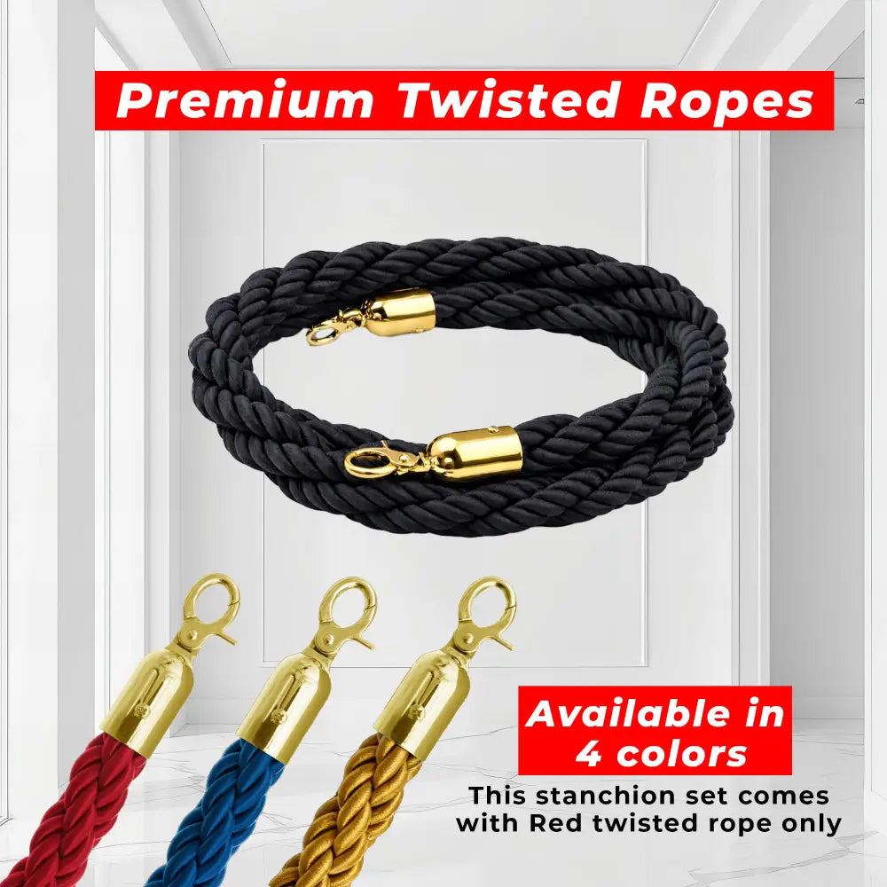 Gold Crowd Control Stanchions 100CM with 1.5M Black Twisted Rope