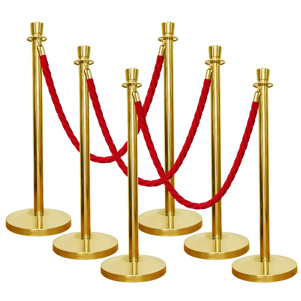Set of 6 gold stanchions with red ropes