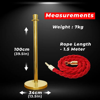 Gold stand with red rope, showing measurements