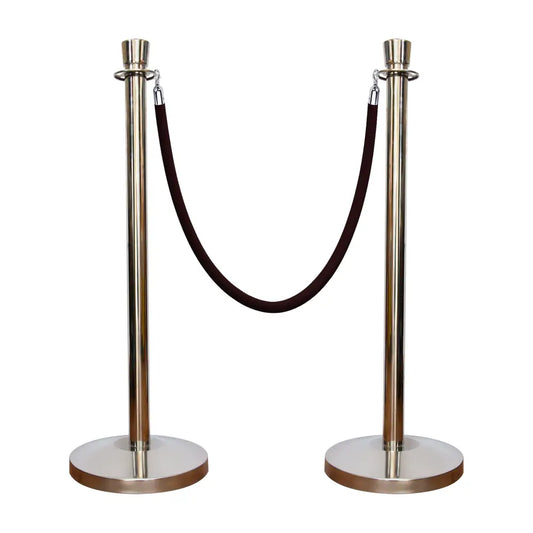Two silver stanchions with a black rope