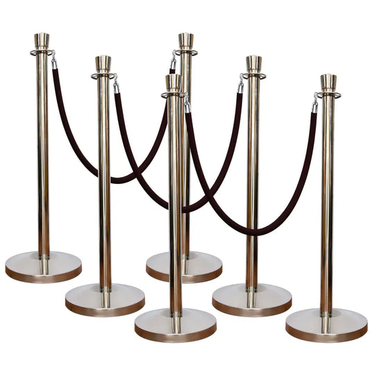 Set of six silver stanchions with black ropes