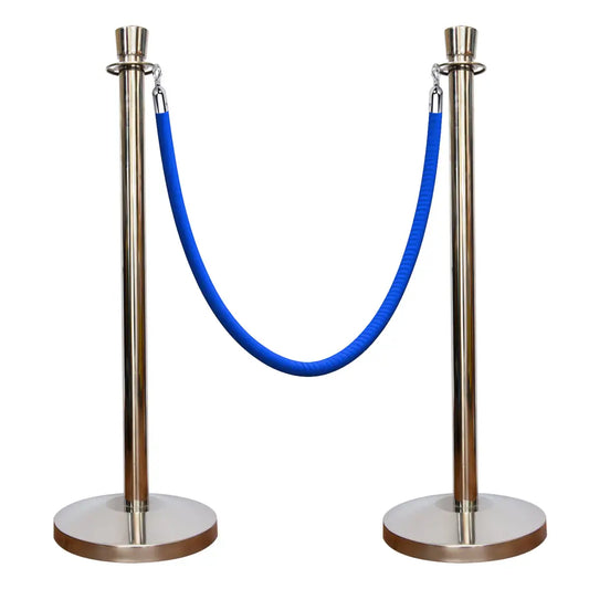Two silver stanchions with a blue rope