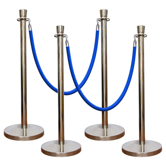 Set of four stanchion posts with blue ropes