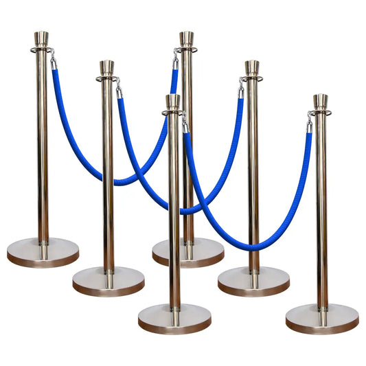 Set of six silver stanchions with blue rope