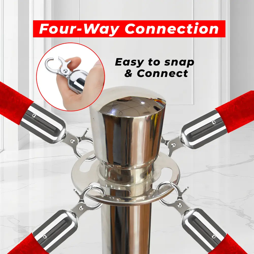 Metal four-way connection with red hoses