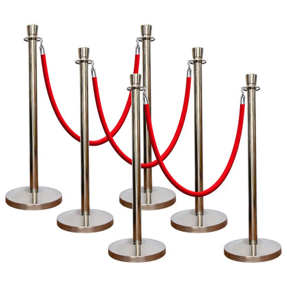 Set of six silver stanchions with red ropes