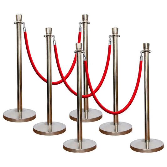 Set of six silver stanchions with red ropes