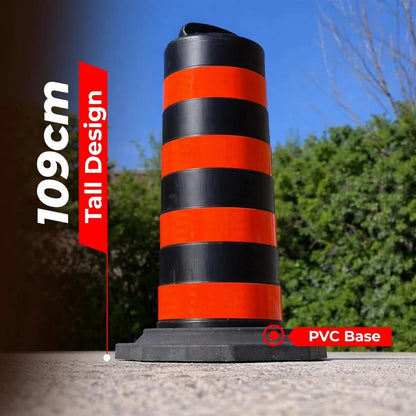 Black and orange traffic barrel with '109cm Tall Design' and 'PVC Base' .