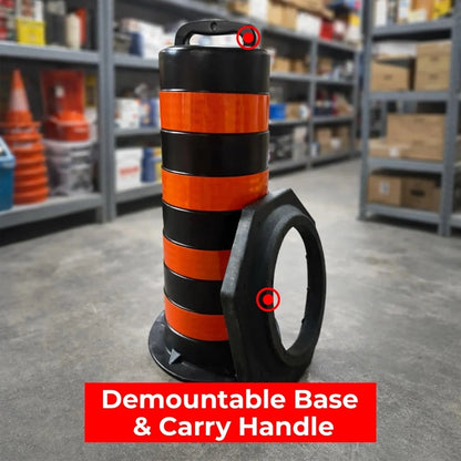Orange and black traffic barrel with demountable base