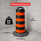 Black and orange traffic barrel with measurement