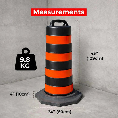 Black and orange traffic barrel with measurement