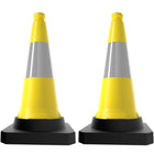Two yellow traffic cones with reflective stripes