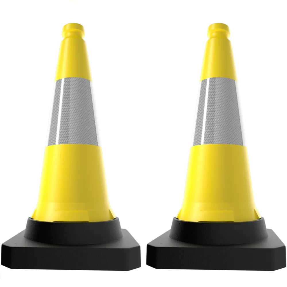 Two yellow traffic cones with reflective stripes