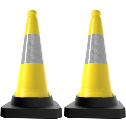 Two yellow traffic cones with reflective stripes
