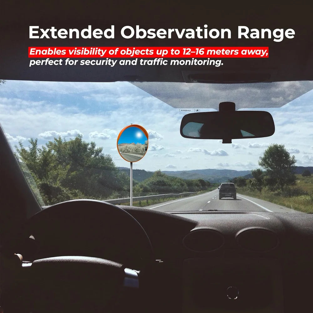 orange convex traffic style mirror for outdoor visibility and guidance