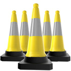 Five yellow traffic cones with reflective stripes