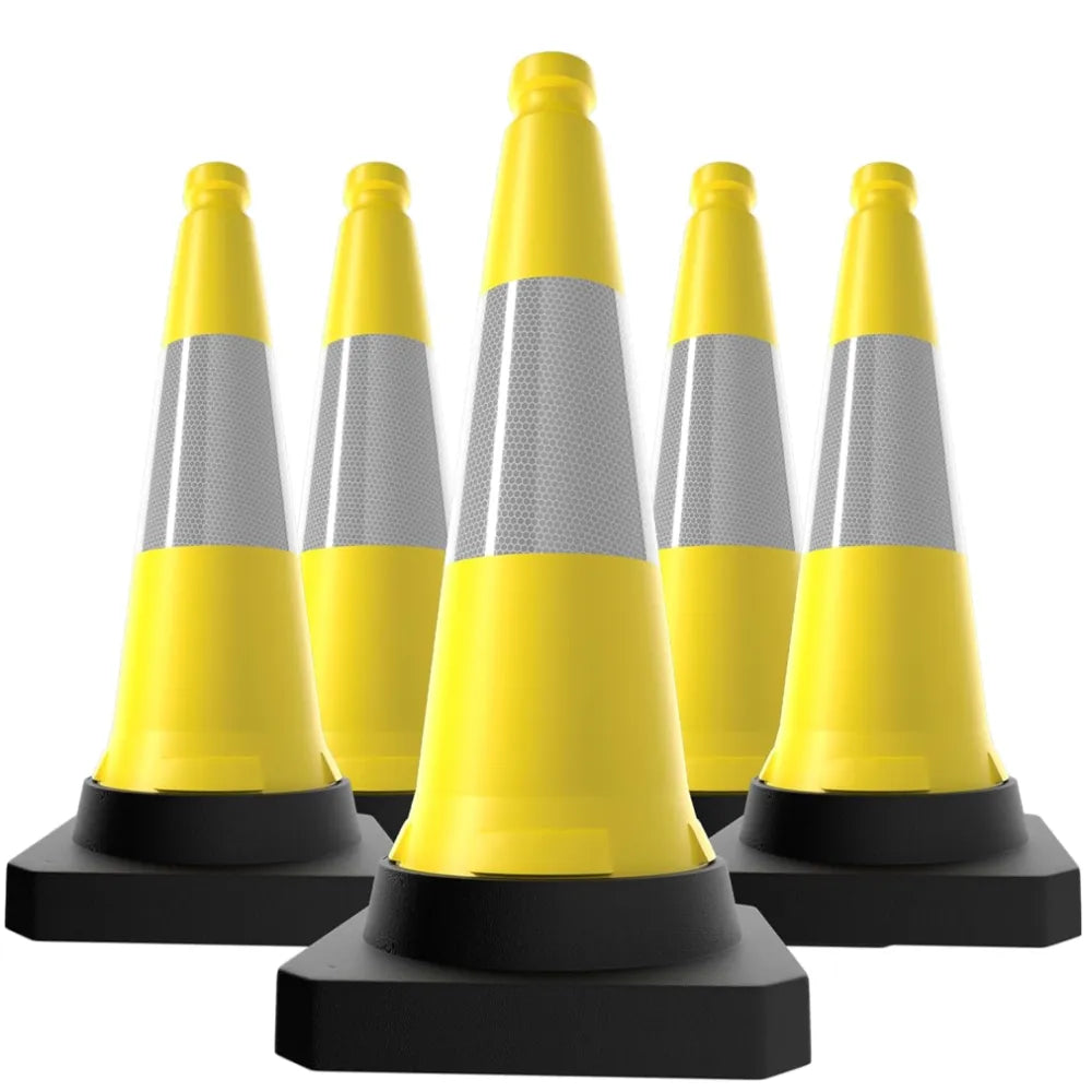 Five yellow traffic cones with reflective stripes