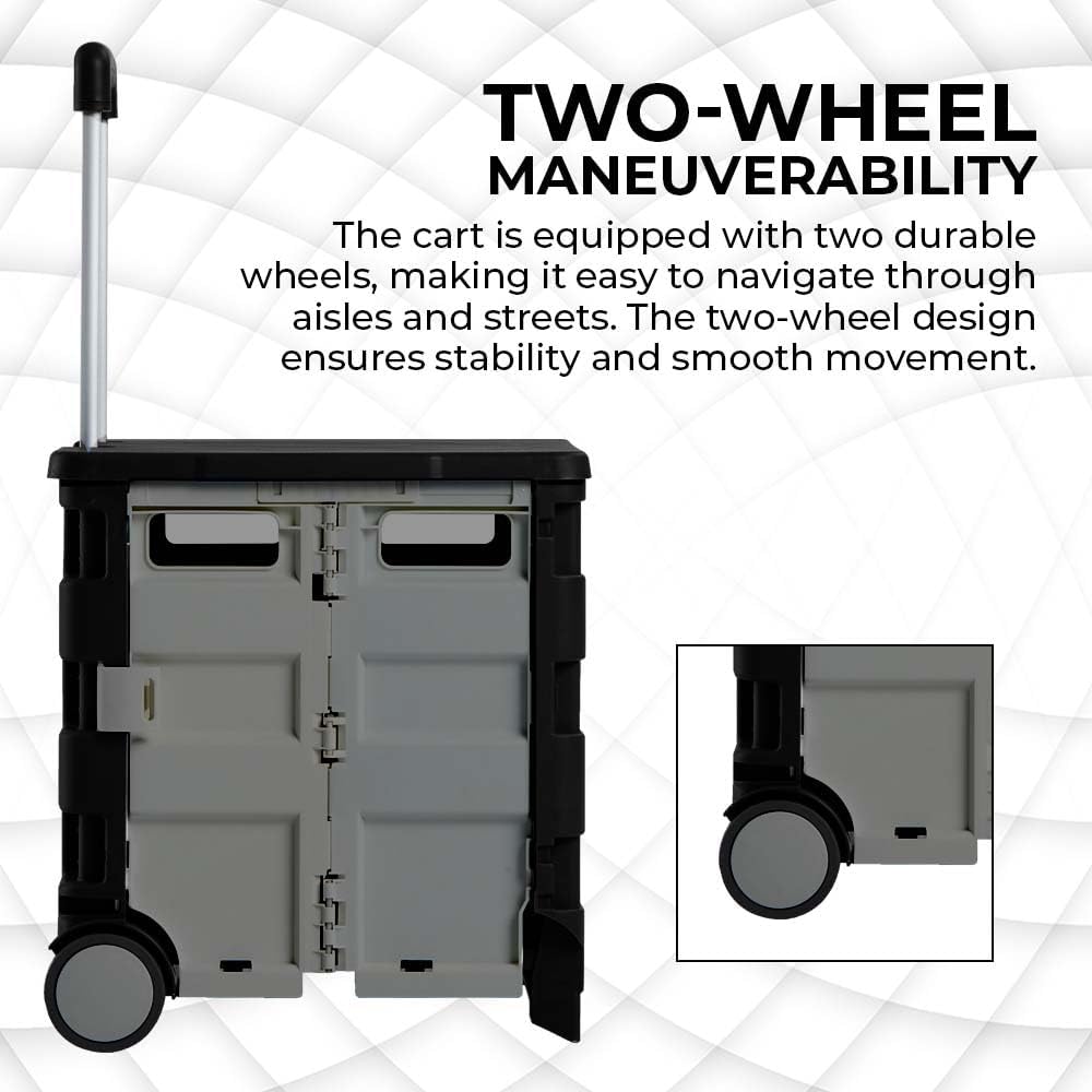 Berry 40KG Foldable Shopping Trolley, Plastic Trolley Cart with 2 Wheels and Lid, Portable Cart, Grey and Black